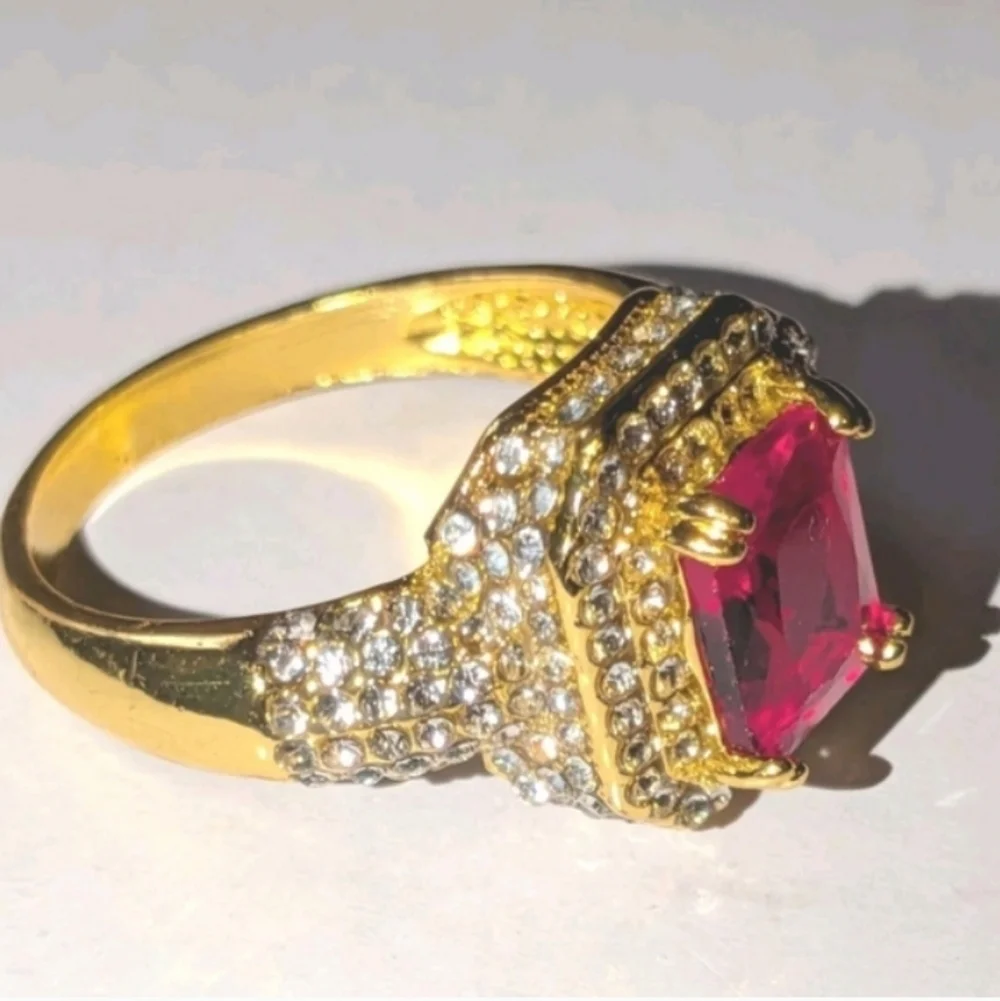 4ct Radiant Cut Lab Created Ruby For Male Or Female 18k Gold Plated Ring  Sz12